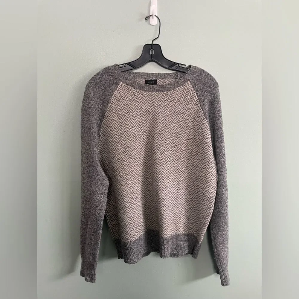 J.Crew Black Label Mens Lambswool Gray Chevron Pullover Knit Sweater Size Small